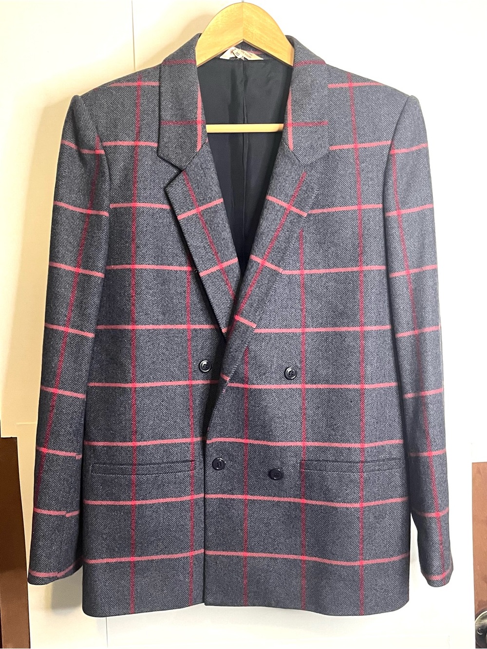 Cassidy (VTG 10, Fits S) Gray Herringbone Red/Pink Stripes Wool Blend Blazer